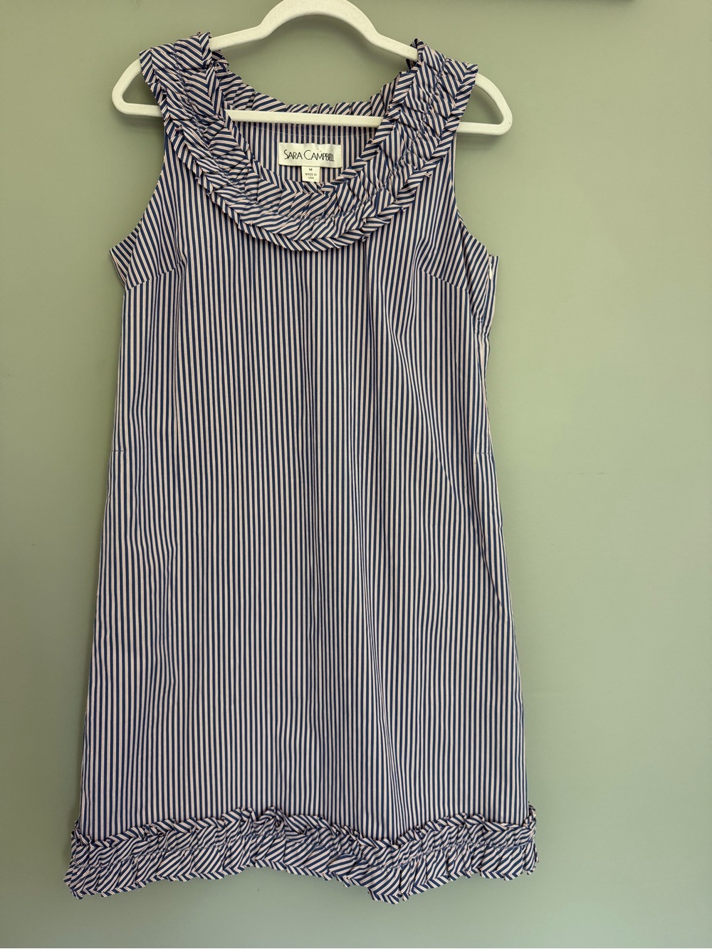 NWT Sara Campbell Seersucker Red White Blue Stripe Ruffle Neck Hem Shift Dress
